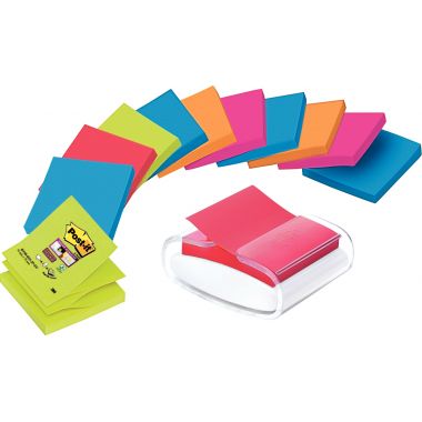 Lot de 12 blocs de 90 feuilles z-notes post-it super sticky repositionnables 76 x 76 mm couleurs assorties + dévidoir pro blanc offert