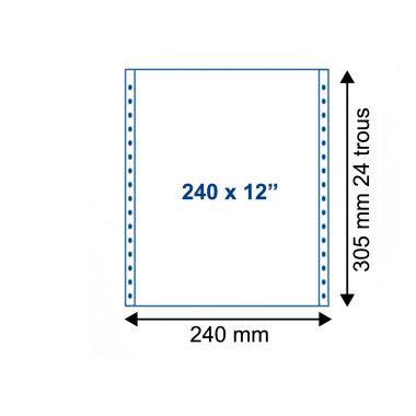 Paquet de 1250 feuilles de listing uni autocopiant 2 plis, 56/57g, bandes détachables, de format : 240 mm x 12"