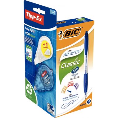 Boîte de 12 stylos Atlantis bleus + correcteur offert