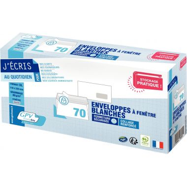 Paquet de 70 enveloppes blanches 110x220mm 80g bande siliconée fenêtre 45x100mm