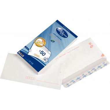 Paquet de 50 enveloppes blanches 110x220mm 80g bande siliconée précasées