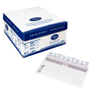 Boite de 500 enveloppes blanches 110x220mm 90g bande siliconnée fenêtre 45x100mm