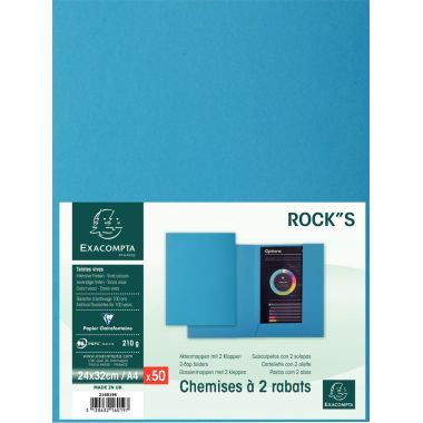 Paquet de 50 chemises 2 rabats ROCK"S 210g, format 24x32 cm, bleu