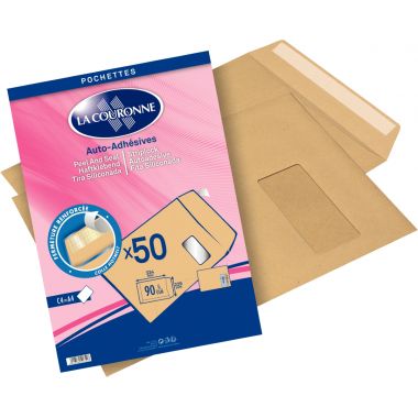 Paquet de 50 pochettes kraft 229x324mm 90g bande siliconée fenêtre 50x100mm