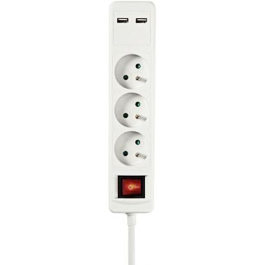 Bloc de 3 prises + 2 USB avec bouton marche/arrêt 1,5m blanc