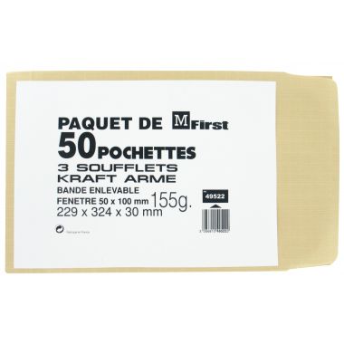 Paquet de 50 pochettes kraft armé 229x324mm 120g soufflet 30mm bande siliconée fenêtre 50x100mm