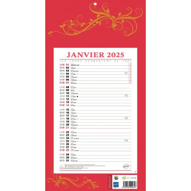 Calendrier mensuel 12 feuilles 36x19cm rouge