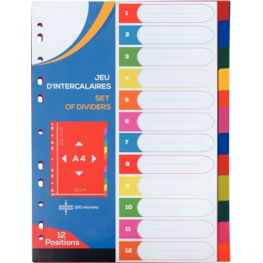 Jeu de 12 intercalaires en polypropylène coloré 12/100ème, format A4