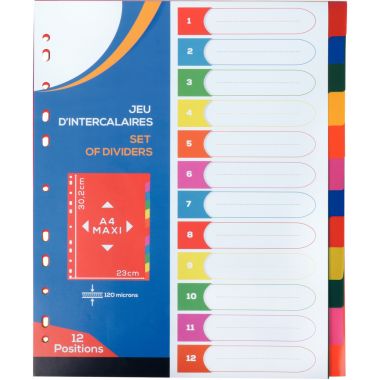 Jeu de 12 intercalaires en polypropylène coloré 12/100ème, format A4+