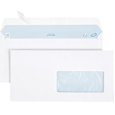 Boite de 500 enveloppes blanches 110x220mm 80g bande siliconée fenêtre 45x100mm