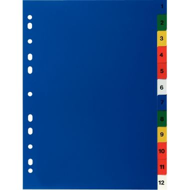 Jeu de 12 intercalaires numériques en polypropylène coloré, format A4