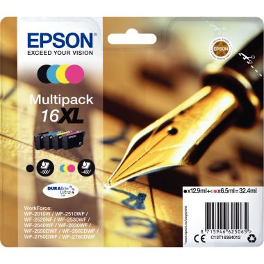 Epson STYLO PLUME / 16XL pack de de 4 cartouches jet d'encre noire, cyan, magenta et jaune haute capacité authentique (T163640)