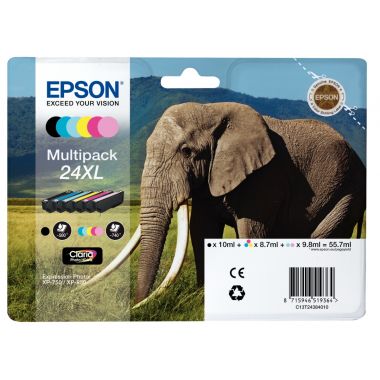 Epson ELEPHANT / 24XL pack de de 6 cartouches jet d'encre noire, cyan, magenta, jaune, cyan clair et magenta clair haute capacité authentique (T243840)