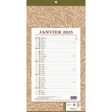 Calendrier mensuel 12 feuilles 36x19cm Natura