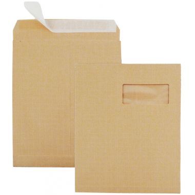 Carton de 250 pochettes kraft armé 230x320mm soufflet 30mm bande siliconée fenêtre 50x100mm