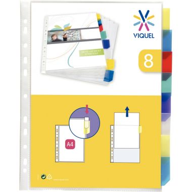 Jeu de 8 pochettes intercalaires en polypropylène + onglets colorés, format A4