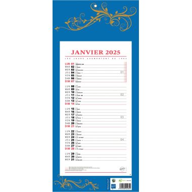 Calendrier mensuel 12 feuillets 36x19cm bleu