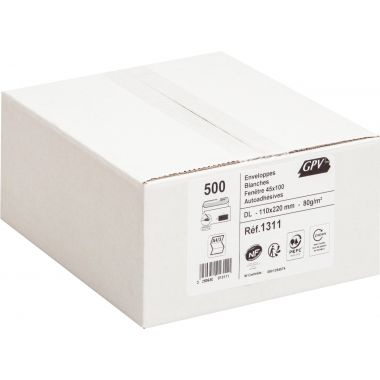 Boite de 500 enveloppes blanches 110x220mm 80g bande siliconée fenêtre 45x100mm